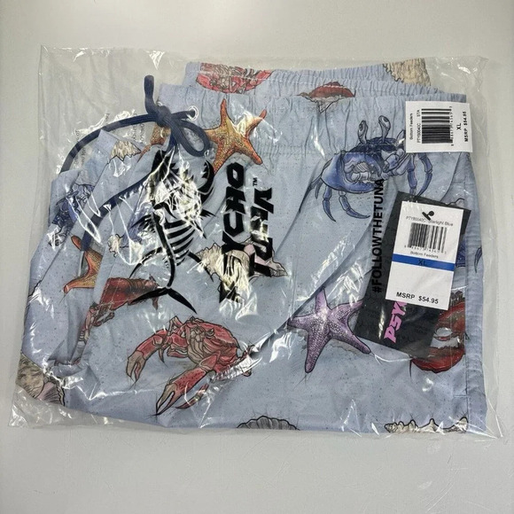 Psycho Tuna Blue Bottom Feeders Seashell Crab Beach Swim Trunks Size XL NWT - Picture 2 of 4
